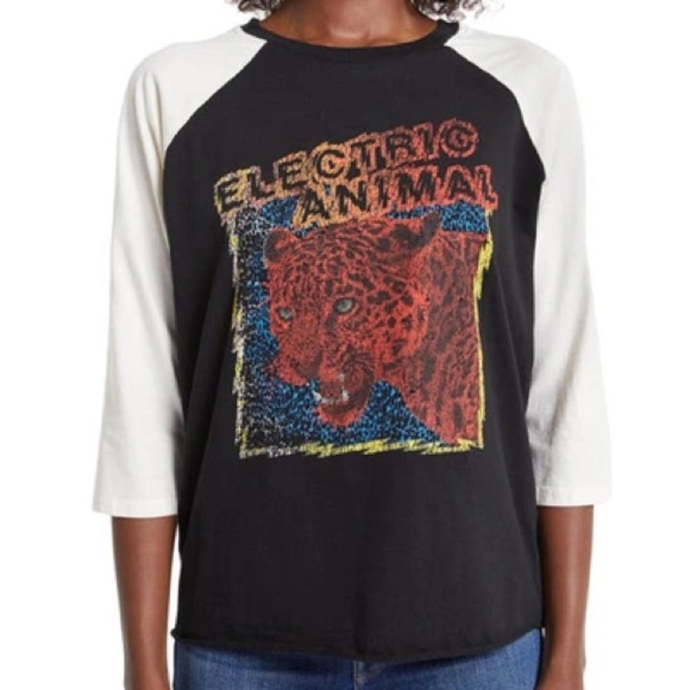 Mother Concert Cutoff Raglan Tee in Electric Animal, Size XS
